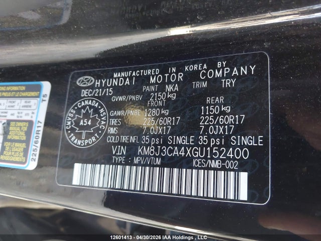 2016 Hyundai Tucson Luxury მანქანა იყიდება აუქციონზე, vin: KM8J3CA4XGU152400, აუქციონის ნომერი: 12601413