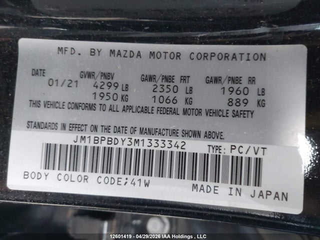 2021 Mazda Mazda3 Gt W/turbo მანქანა იყიდება აუქციონზე, vin: JM1BPBDY3M1333342, აუქციონის ნომერი: 12601419