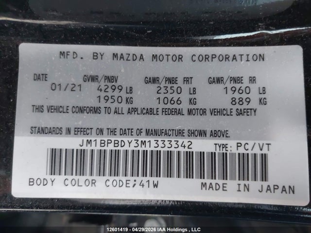 2021 Mazda Mazda3 Gt W/turbo მანქანა იყიდება აუქციონზე, vin: JM1BPBDY3M1333342, აუქციონის ნომერი: 12601419