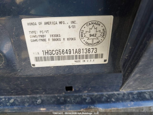 Продаж на аукціоні авто 2001 Honda Accord Lx, vin: 1HGCG56491A813673, номер лоту: 12601422