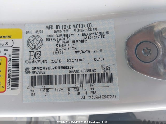 2024 Ford Bronco Sport მანქანა იყიდება აუქციონზე, vin: 3FMCR9B62RRE99269, აუქციონის ნომერი: 12601428