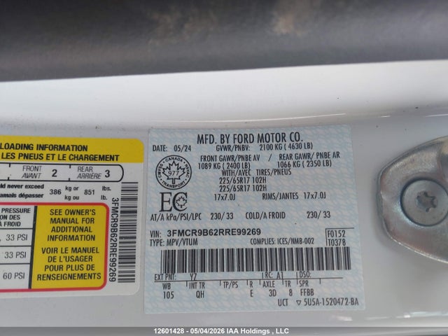 2024 Ford Bronco Sport მანქანა იყიდება აუქციონზე, vin: 3FMCR9B62RRE99269, აუქციონის ნომერი: 12601428