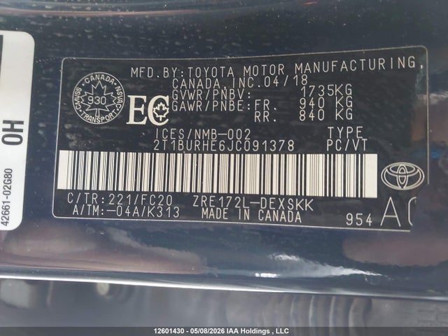 2T1BURHE6JC091378 Toyota COROLLA SE