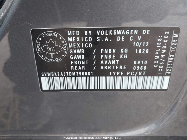 12601438 :رقم المزاد ، 3VWBK7AJ7DM390081 vin ، 2013 Volkswagen Jetta Comfortline مزاد بيع