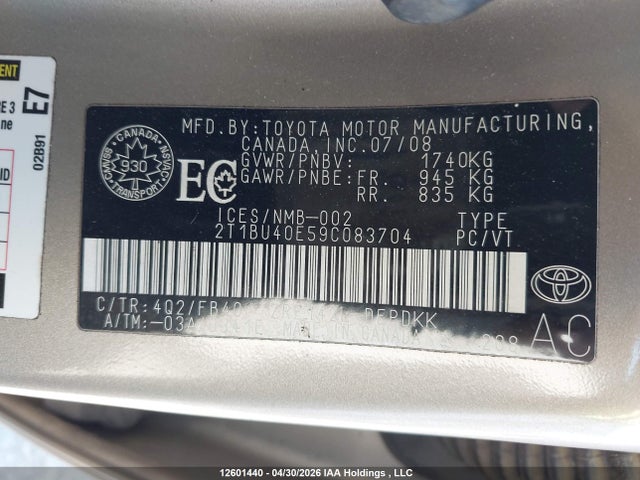 2009 Toyota Corolla Ce მანქანა იყიდება აუქციონზე, vin: 2T1BU40E59C083704, აუქციონის ნომერი: 12601440