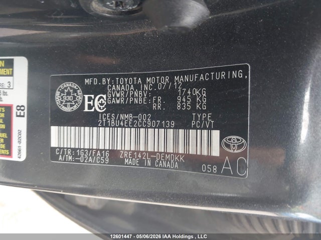 Продажа на аукционе авто 2012 Toyota Corolla Ce, vin: 2T1BU4EE2CC907139, номер лота: 12601447