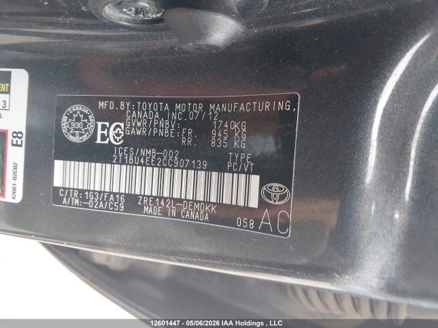 Продажа на аукционе авто 2012 Toyota Corolla Ce, vin: 2T1BU4EE2CC907139, номер лота: 12601447
