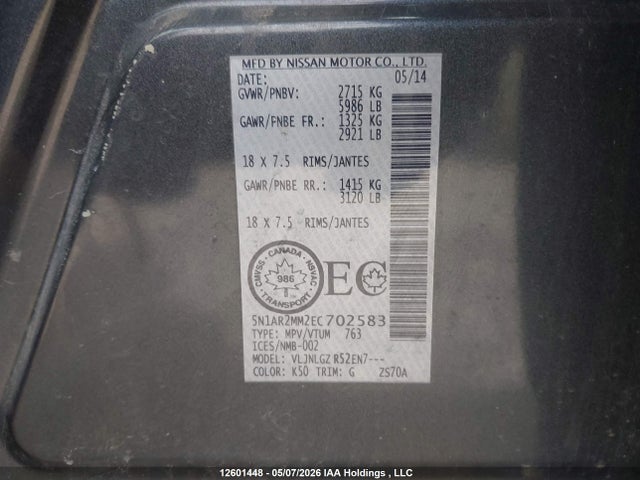 2014 Nissan Pathfinder S/sv/sl/platinum მანქანა იყიდება აუქციონზე, vin: 5N1AR2MM2EC702583, აუქციონის ნომერი: 12601448