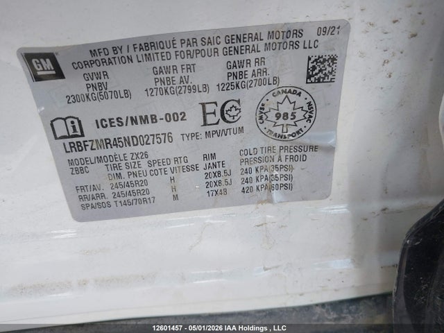 Продаж на аукціоні авто 2022 Buick Envision, vin: LRBFZMR45ND027576, номер лоту: 12601457