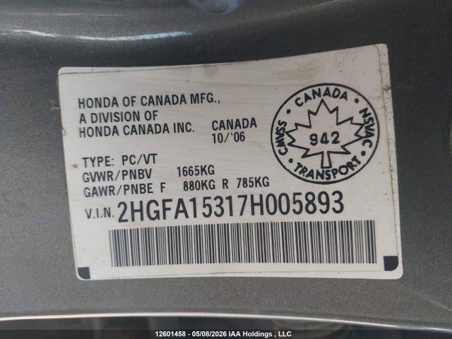 2007 Honda Civic Dx მანქანა იყიდება აუქციონზე, vin: 2HGFA15317H005893, აუქციონის ნომერი: 12601458
