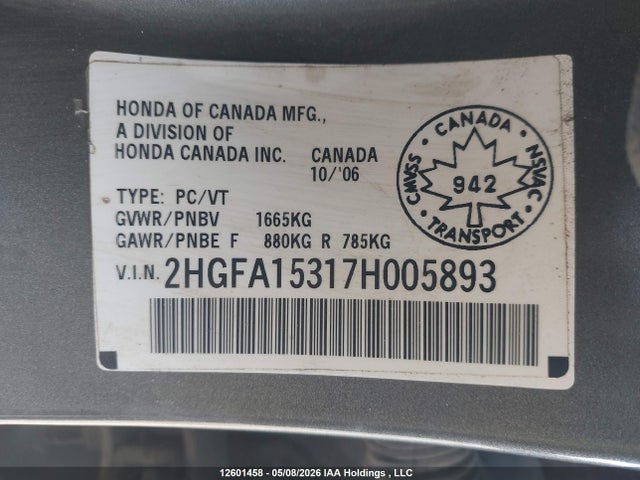 2007 Honda Civic Dx მანქანა იყიდება აუქციონზე, vin: 2HGFA15317H005893, აუქციონის ნომერი: 12601458