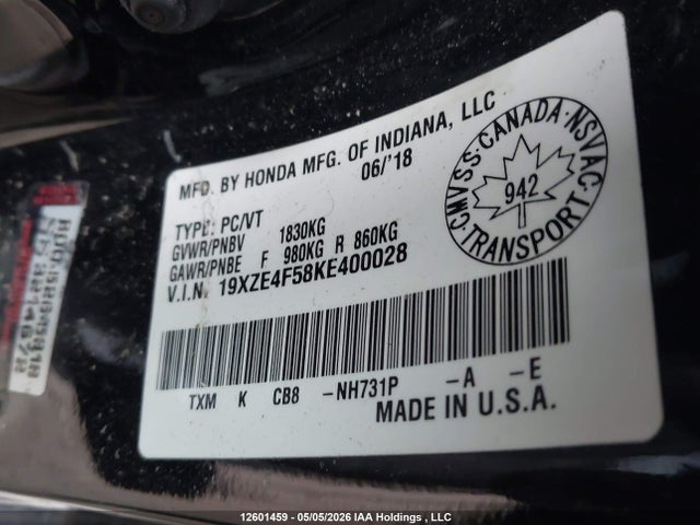 2019 Honda Insight Ex მანქანა იყიდება აუქციონზე, vin: 19XZE4F58KE400028, აუქციონის ნომერი: 12601459