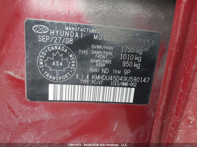 12601475 :رقم المزاد ، KMHDU45D49U590147 vin ، 2009 Hyundai Elantra Gls/se مزاد بيع