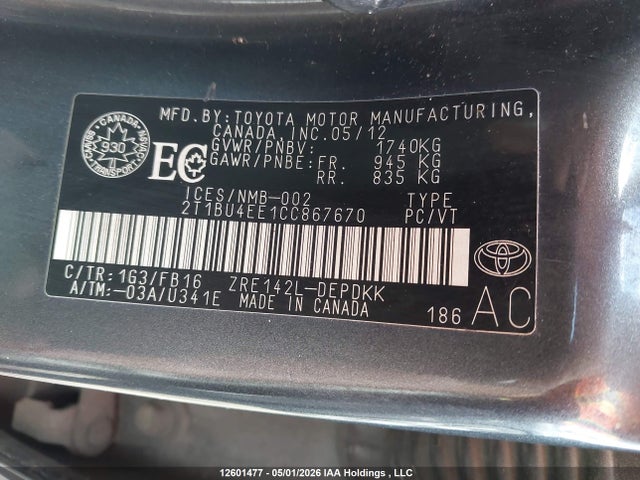Продажа на аукционе авто 2012 Toyota Corolla, vin: 2T1BU4EE1CC867670, номер лота: 12601477