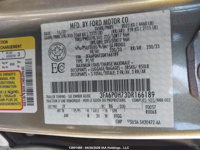 12601488 :رقم المزاد ، 3FA6P0H73DR166189 vin ، 2013 Ford Fusion Se مزاد بيع