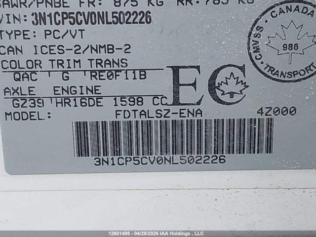 12601495 :رقم المزاد ، 3N1CP5CV0NL502226 vin ، 2022 Nissan Kicks Sv مزاد بيع