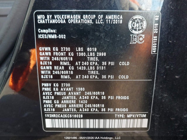 Volkswagen Atlas 2019 1V2HR2CA2KC516028 Image 9
