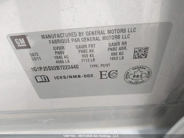 12601503 :رقم المزاد ، 1G1PJ5S92B7223440 vin ، 2011 Chevrolet Cruze Eco مزاد بيع