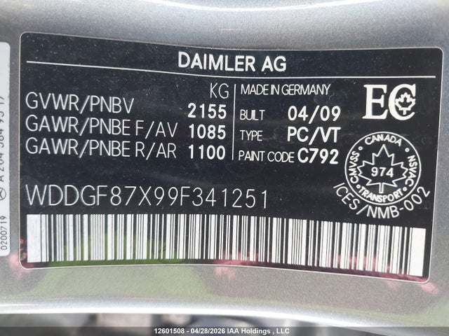 Aukcja sprzedaży 2009 Mercedes-benz C 350 4matic, vin: WDDGF87X99F341251, numer aukcji: 12601508