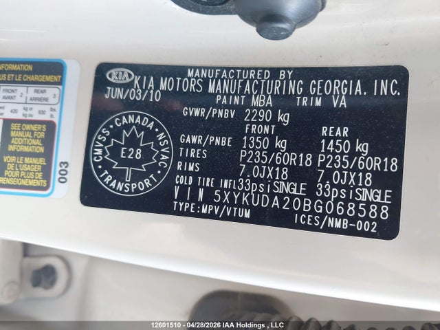 Продаж на аукціоні авто 2011 Kia Sorento Ex, vin: 5XYKUDA20BG068588, номер лоту: 12601510