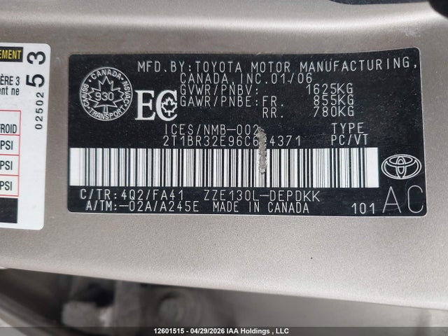 12601515 :رقم المزاد ، 2T1BR32E96C624371 vin ، 2006 Toyota Corolla Ce/le/s مزاد بيع