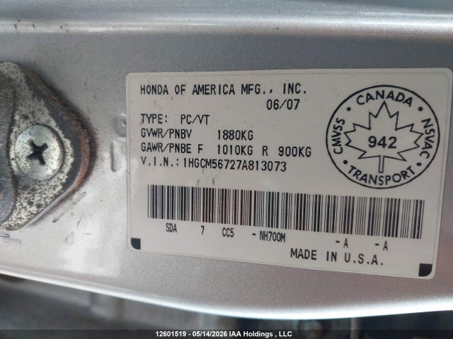 Aukcja sprzedaży 2007 Honda Accord, vin: 1HGCM56727A813073, numer aukcji: 12601519