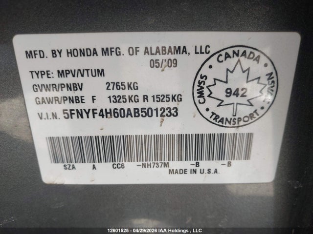 Aukcja sprzedaży 2010 Honda Pilot Ex-l, vin: 5FNYF4H60AB501233, numer aukcji: 12601525