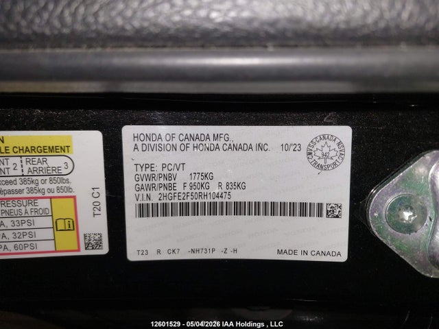 Продажа на аукционе авто 2024 Honda Civic Sport, vin: 2HGFE2F50RH104475, номер лота: 12601529