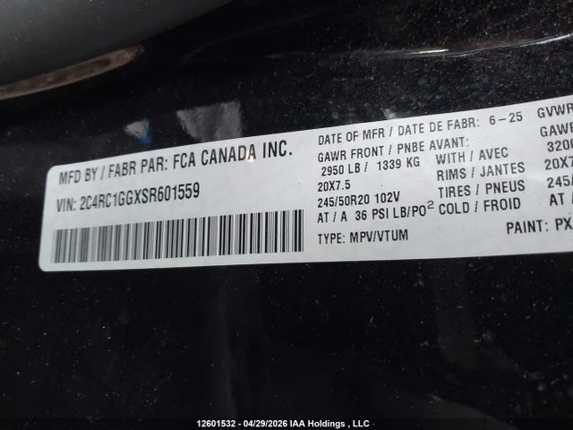 12601532 :رقم المزاد ، 2C4RC1GGXSR601559 vin ، 2025 Chrysler Pacifica Limited مزاد بيع