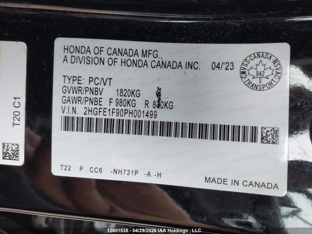 Продажа на аукционе авто 2023 Honda Civic Touring, vin: 2HGFE1F90PH001499, номер лота: 12601535