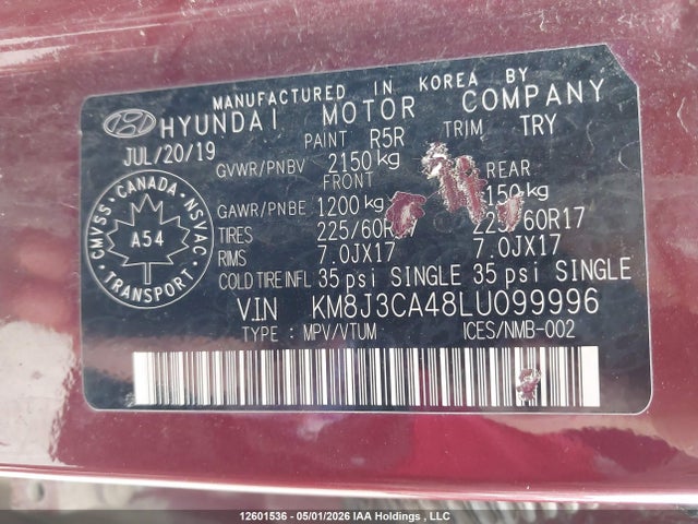 2020 Hyundai Tucson მანქანა იყიდება აუქციონზე, vin: KM8J3CA48LU099996, აუქციონის ნომერი: 12601536