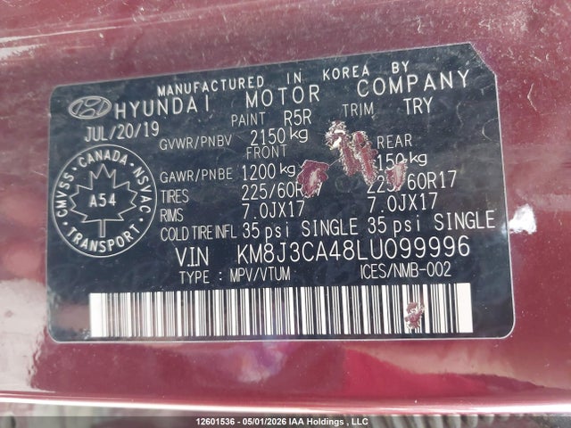 2020 Hyundai Tucson მანქანა იყიდება აუქციონზე, vin: KM8J3CA48LU099996, აუქციონის ნომერი: 12601536