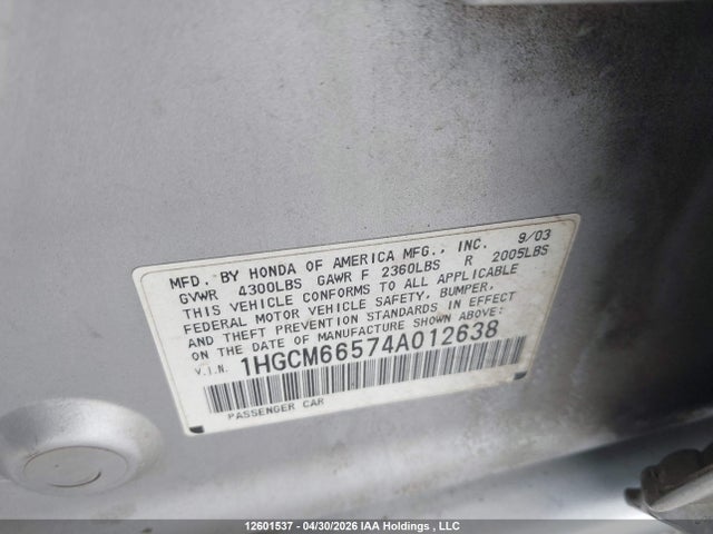 Продажа на аукционе авто 2004 Honda Accord 3.0 Ex, vin: 1HGCM66574A012638, номер лота: 12601537