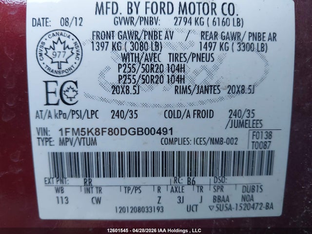 Продаж на аукціоні авто 2013 Ford Explorer Limited, vin: 1FM5K8F80DGB00491, номер лоту: 12601545