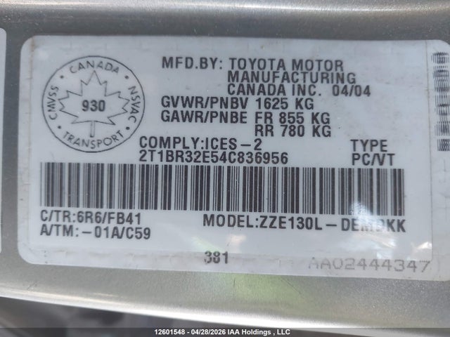 12601548 :رقم المزاد ، 2T1BR32E54C836956 vin ، 2004 Toyota Corolla Ce/le/sport مزاد بيع