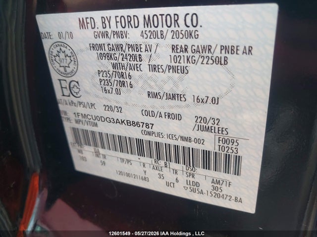 12601549 :رقم المزاد ، 1FMCU0DG3AKB86787 vin ، 2010 Ford Escape مزاد بيع