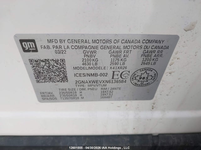 2022 Chevrolet Equinox Rs მანქანა იყიდება აუქციონზე, vin: 2GNAXWEVXN6136584, აუქციონის ნომერი: 12601555