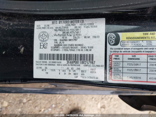 Продажа на аукционе авто 2008 Ford Fusion, vin: 3FAHP08118R257987, номер лота: 12601558