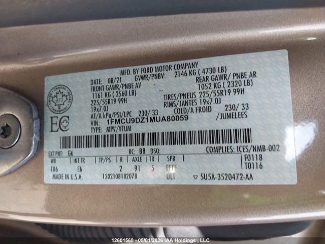 1FMCU9DZ1MUA80059 Ford Escape Hybrid