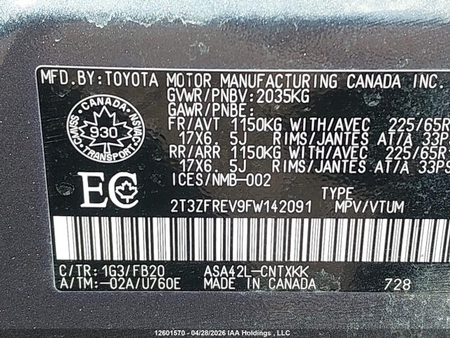 2015 Toyota Rav4 Le მანქანა იყიდება აუქციონზე, vin: 2T3ZFREV9FW142091, აუქციონის ნომერი: 12601570