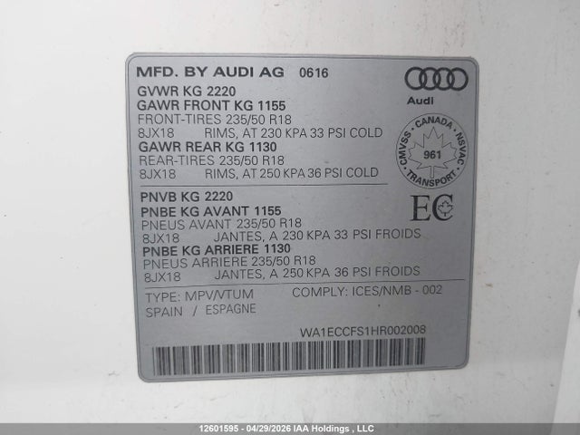 Продажа на аукционе авто 2017 Audi Q3 4p Ti, vin: WA1ECCFS1HR002008, номер лота: 12601595