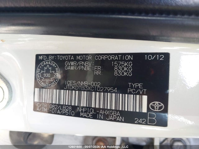 12601600 :رقم المزاد ، JTDKDTB3XC1027954 vin ، 2012 Toyota Prius C مزاد بيع