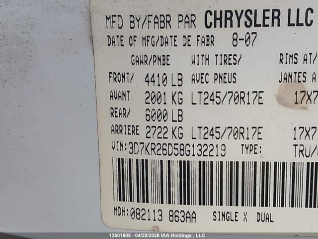 2008 Dodge Ram 2500 მანქანა იყიდება აუქციონზე, vin: 3D7KR26D58G132219, აუქციონის ნომერი: 12601605