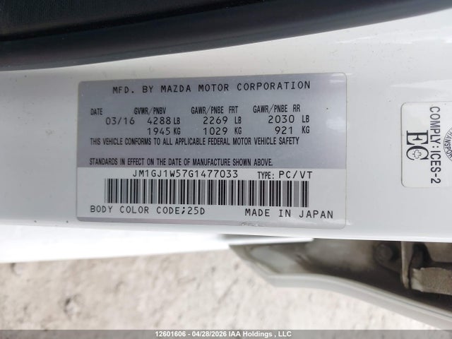 2016 Mazda Mazda6 Gt მანქანა იყიდება აუქციონზე, vin: JM1GJ1W57G1477033, აუქციონის ნომერი: 12601606