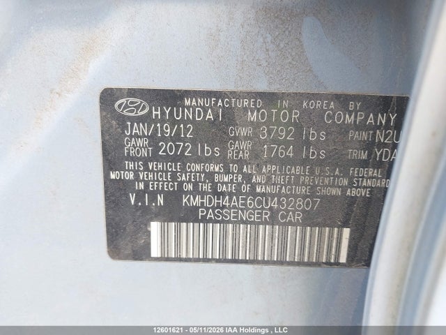 2012 Hyundai Elantra Gls/limited მანქანა იყიდება აუქციონზე, vin: KMHDH4AE6CU432807, აუქციონის ნომერი: 12601621