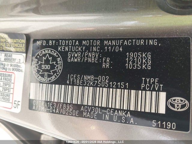 12601626 :رقم المزاد ، 4T1BE32K75U512151 vin ، 2005 Toyota Camry Le/xle/se مزاد بيع