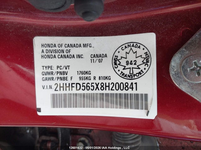 Aukcja sprzedaży 2008 Acura Csx, vin: 2HHFD565X8H200841, numer aukcji: 12601632