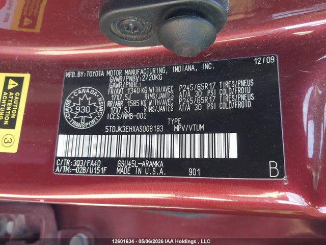 12601634 :رقم المزاد ، 5TDJK3EHXAS008183 vin ، 2010 Toyota Highlander Se مزاد بيع