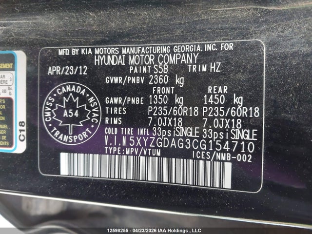 2012 Hyundai Santa Fe Gl 3.5 Sport მანქანა იყიდება აუქციონზე, vin: 5XYZGDAG3CG154710, აუქციონის ნომერი: 12598255