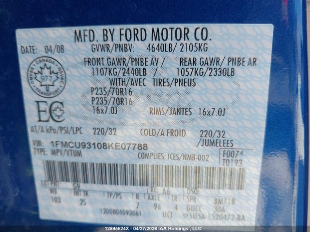 12595524 :رقم المزاد ، 1FMCU93108KE07788 vin ، 2008 Ford Escape Xlt مزاد بيع